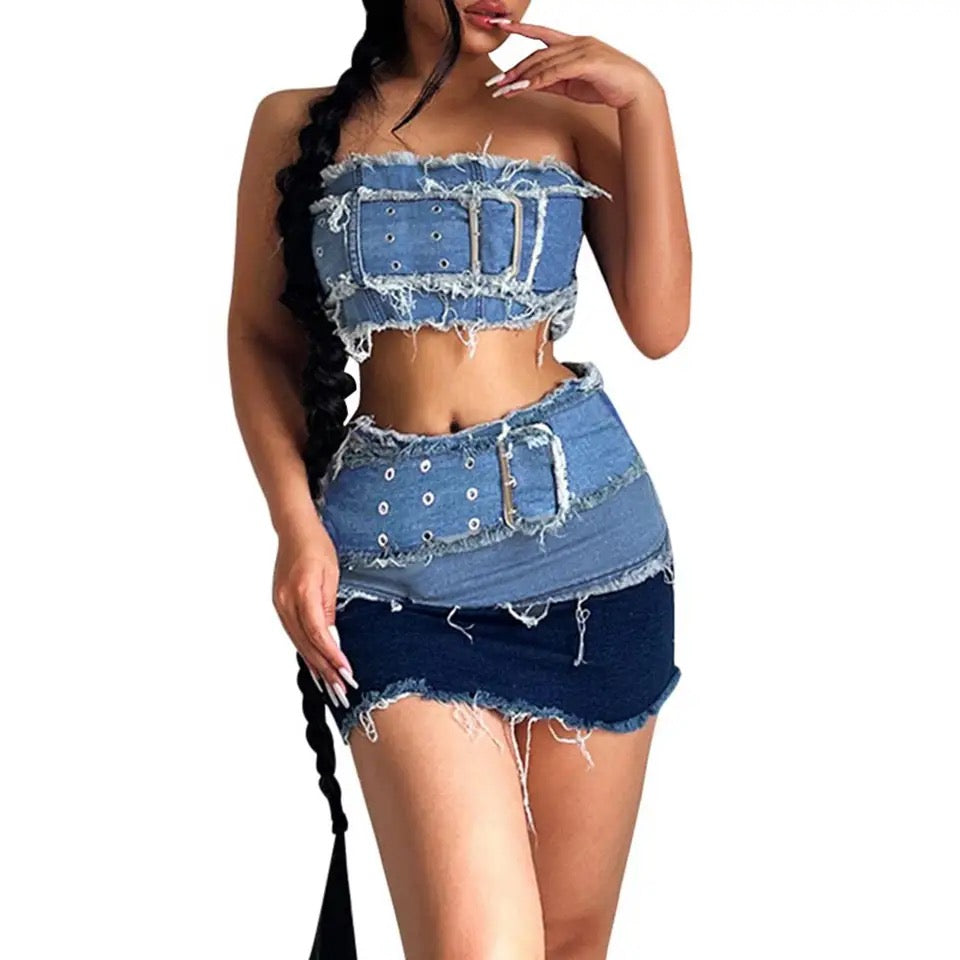 Big Buckle Denim Skirt Set