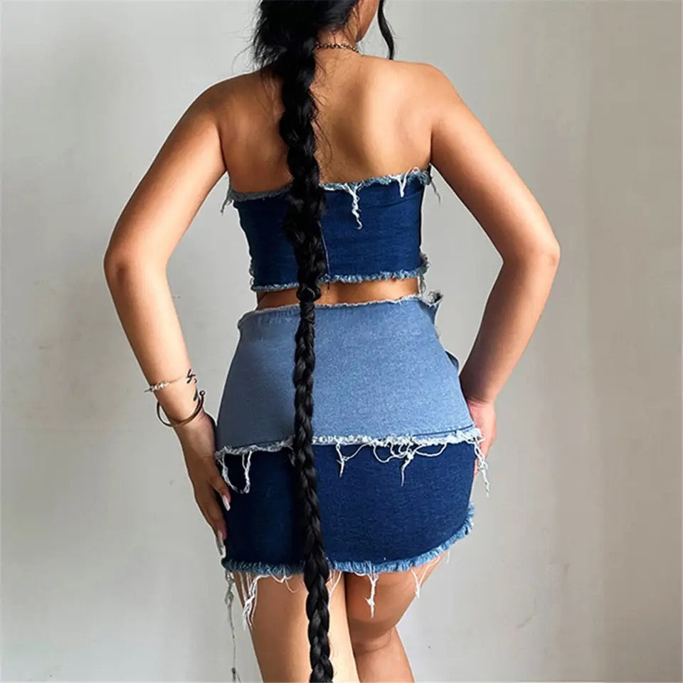 Big Buckle Denim Skirt Set