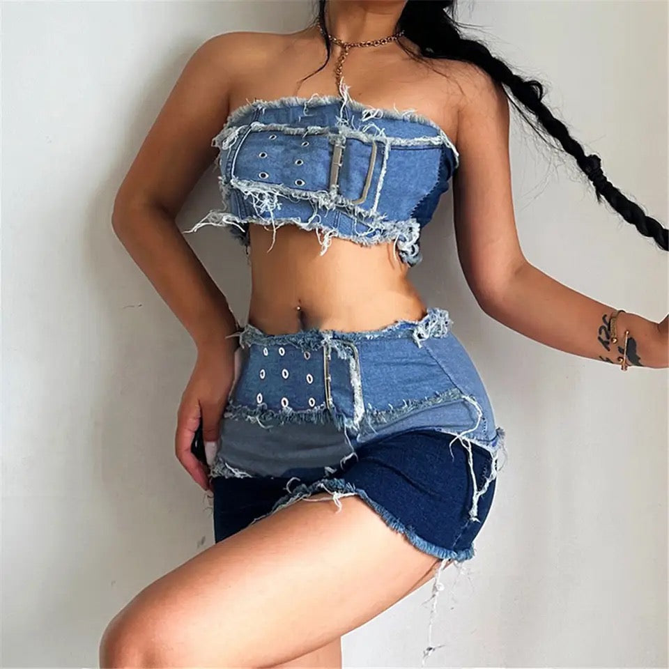 Big Buckle Denim Skirt Set