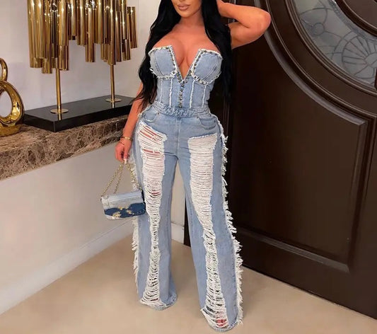 V cut Denim Jumpsuit