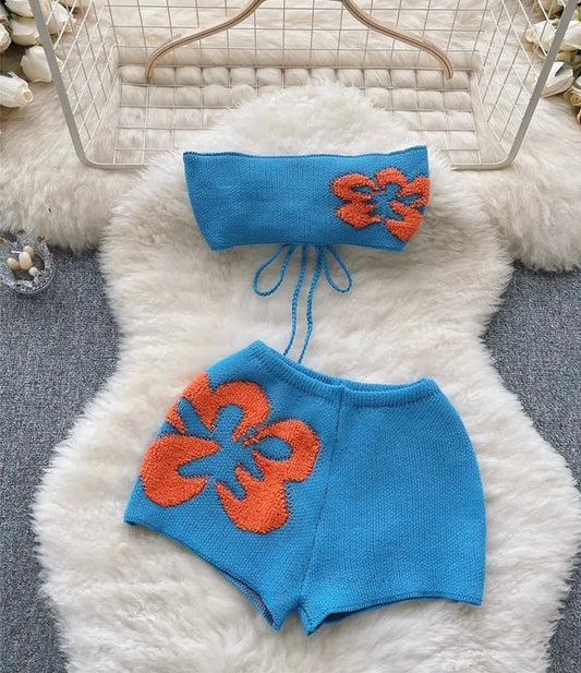 Flower Knitted Short Set