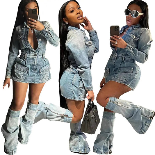 3 Piece Denim Cargo Dress/ Leg Warmers