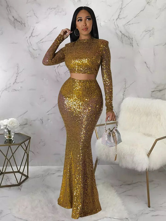 Sexy Long Sequin Skirt Set