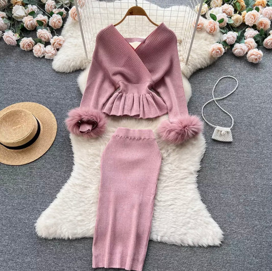 Classy Fur Arm Skirt Set